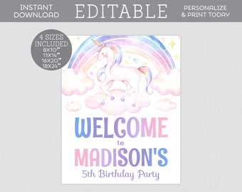 Editable Unicorn Themed Birthday Party Welcome Sign - FOUR Sizes Included! Rainbow Unicorn Themed Welcome Sign or Poster Decoration 0010