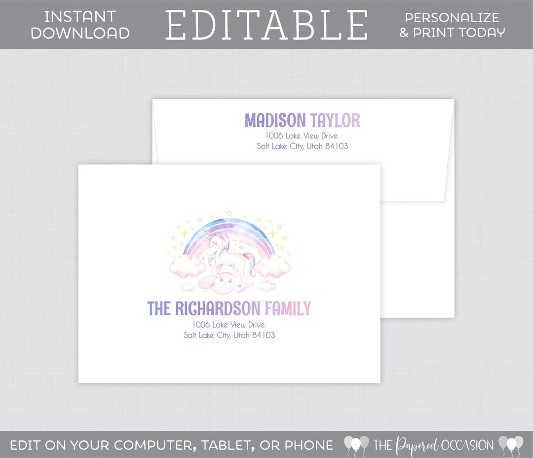 EDITABLE Unicorn Birthday Party Envelopes Editable Rainbow Unicorn ...