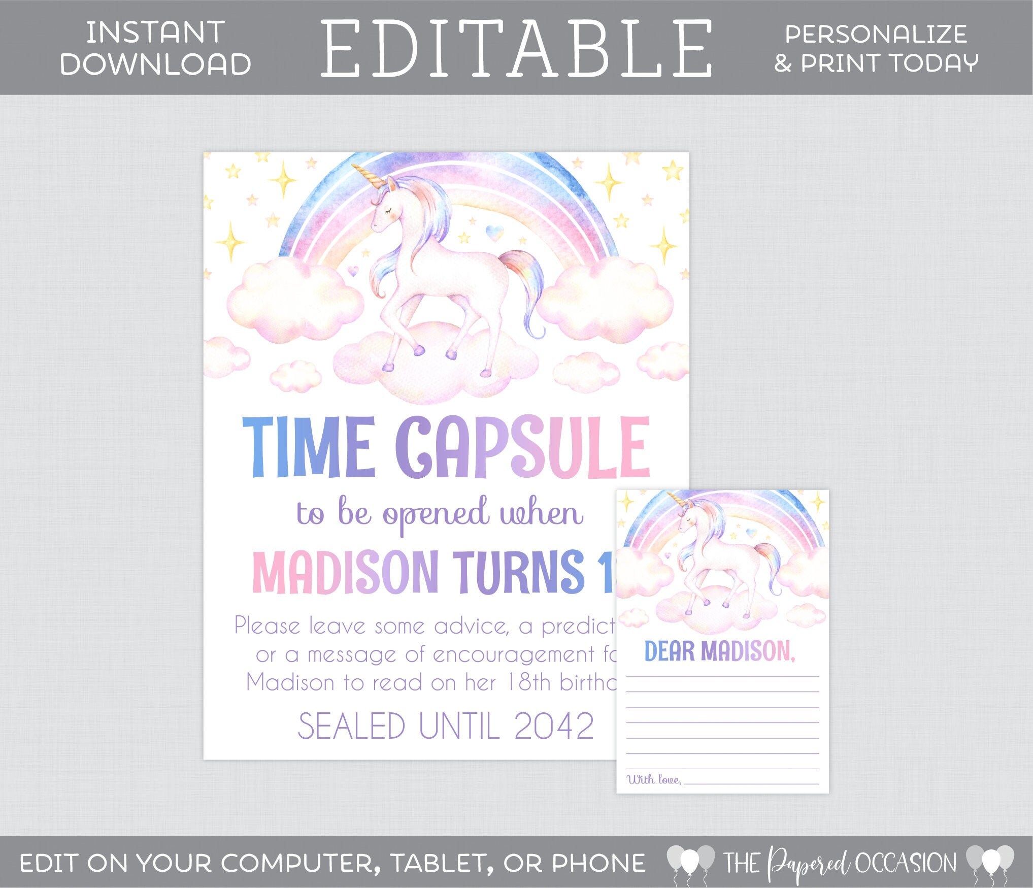 Editable Unicorn Birthday Time Capsule Sign and Cards Printable Rainbow ...
