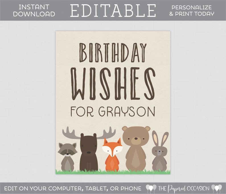Editable Woodland Birthday Wishes Cards and Sign Printable - Etsy