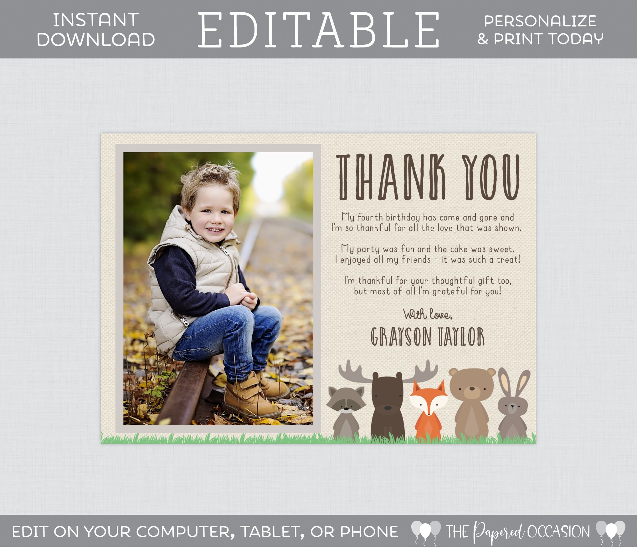 Editable Photo Thank You Cards - Printable Woodland Animal Themed ...