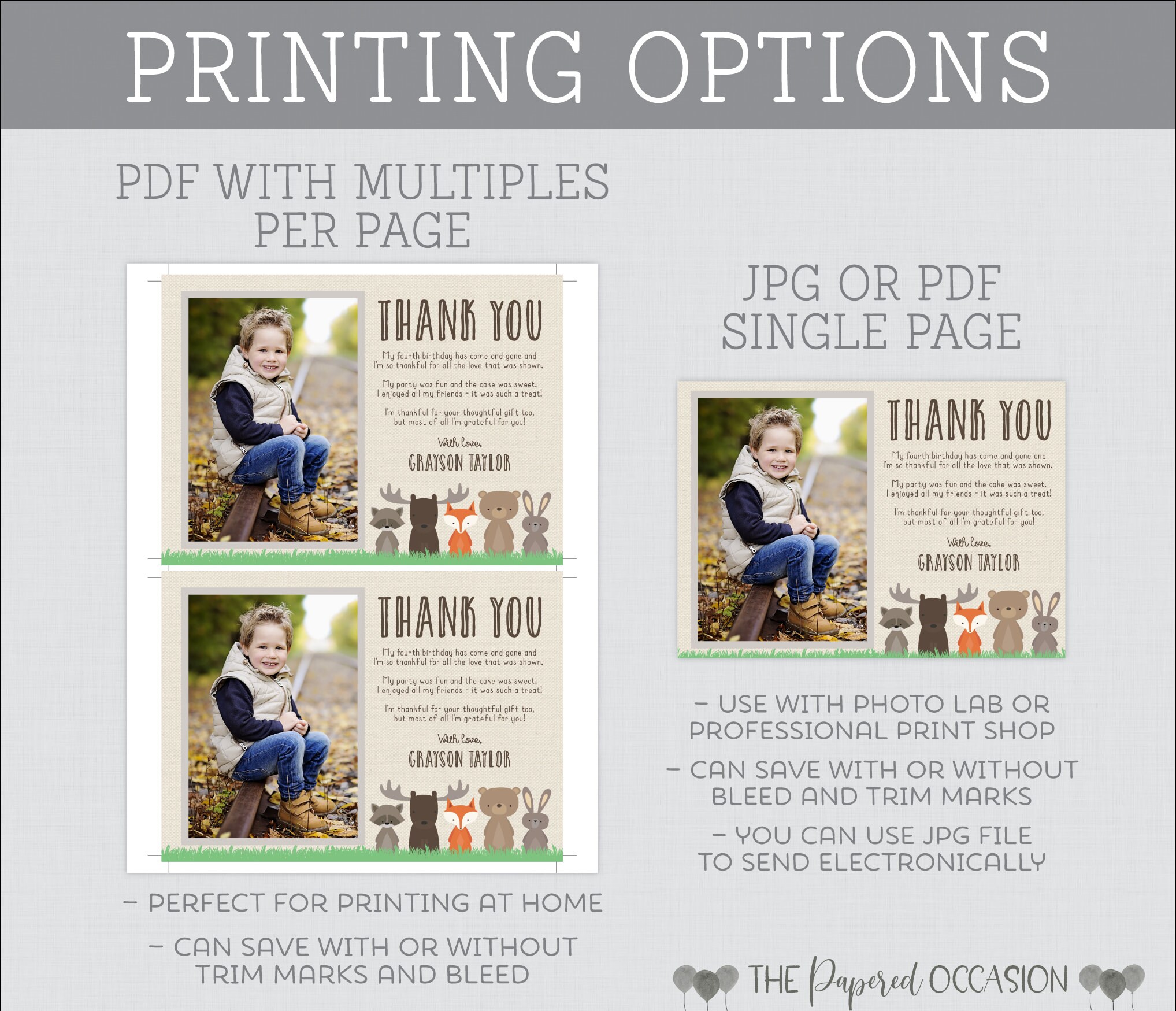 Editable Photo Thank You Cards - Printable Woodland Animal Themed ...