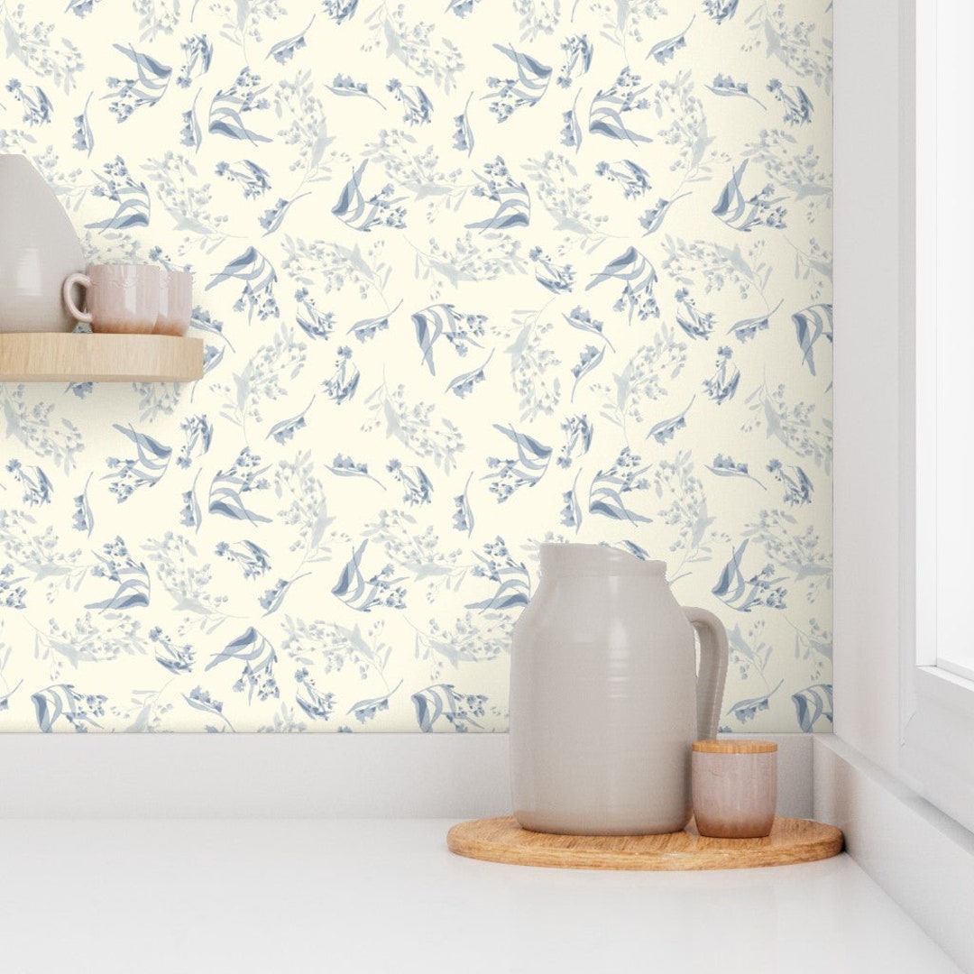 Cozy Floral Wallpaper, Antique Heirloom Decor, Cream and Blue ...