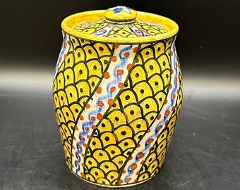 Greek Pottery jar with lid yellow blue fish scale pattern Adani tourist piece