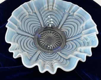 Fenton Reverse Drape white opalescent ruffled crimped footed bowl