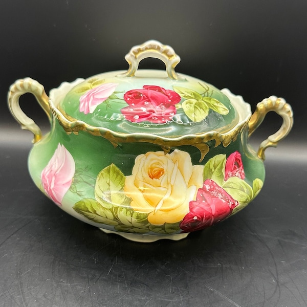 Hand Painted porcelain serving dish with lid hand painted roses red pink yellow on green gold trim Royal Munich Germany Z.S. & Co. 1880-1992