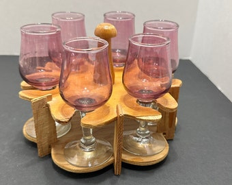 Cordial glass set of 6 cranberry glass and stand