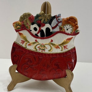 Cookie Plate Christmas Fitz and Floyd Woodland Holiday it is Santa&#39;s toy bag full of toys cookie plate