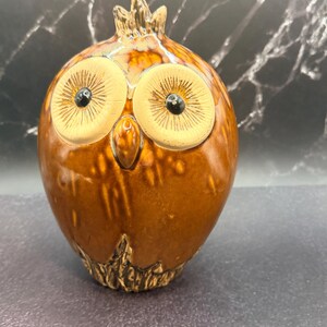 May include: A ceramic owl figurine with a brown glaze. The owl has large, round eyes with tan irises and black pupils. The figurine has a textured base and a crown-like detail on top.