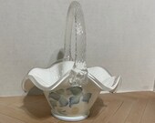Fenton basket morning mist milk glass silvercrest. signed hand painted by P, Lane 1999 has label
