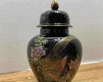 Ginger Jar Black Pheasants and Flowers Peonies decorative vase