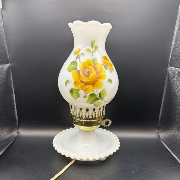 Hurricane style electric lamp milk glass hand painted yellow roses