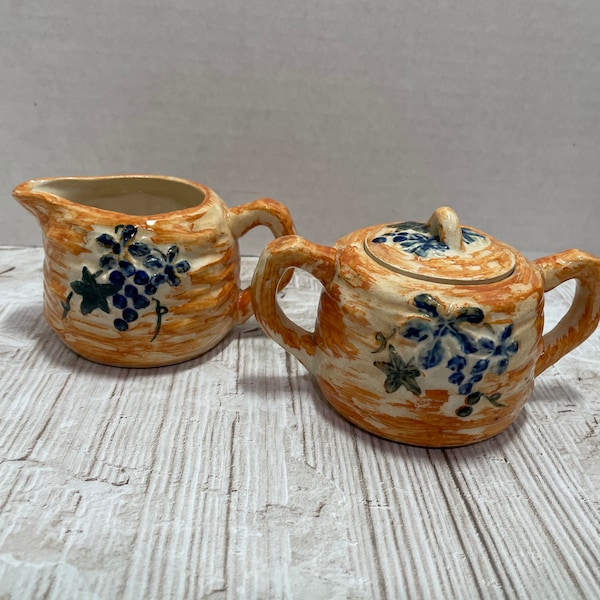 Vintage sugar and creamer orange blue grapes and leaves made in Japan Japanese Majolica
