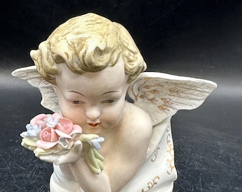 Lefton Angel Cherub figurine bisque floral bouquet K 1415