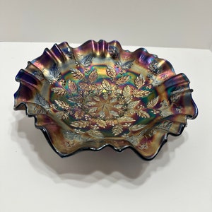 Bowl Antique Fenton carnival glass Holly Pattern blue base color ruffled bowl