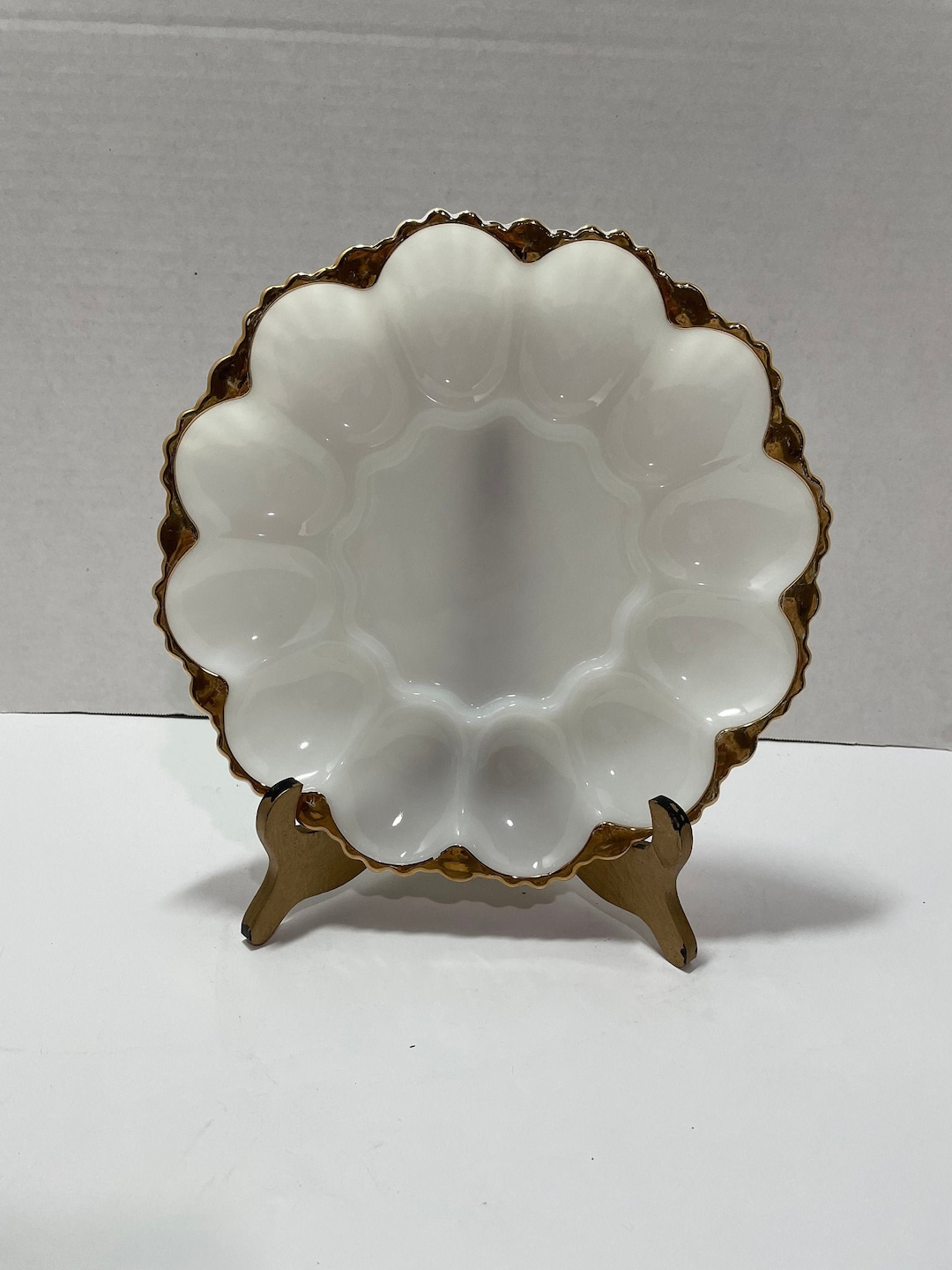 Milk Glass Egg Plate Gold Trim Anchor Hocking Etsy