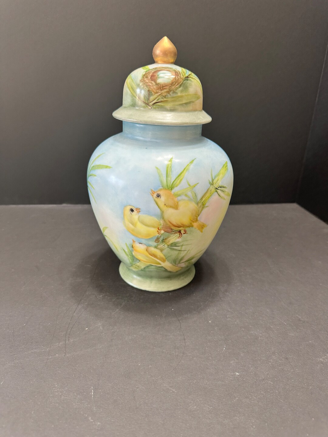 Hand Painted Porcelain Ginger Jar Yellow Birds Bamboo Nest Etsy