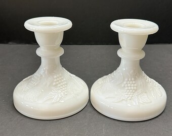 Vintage White Milk Glass Taper Candle Holders: Grape Pattern