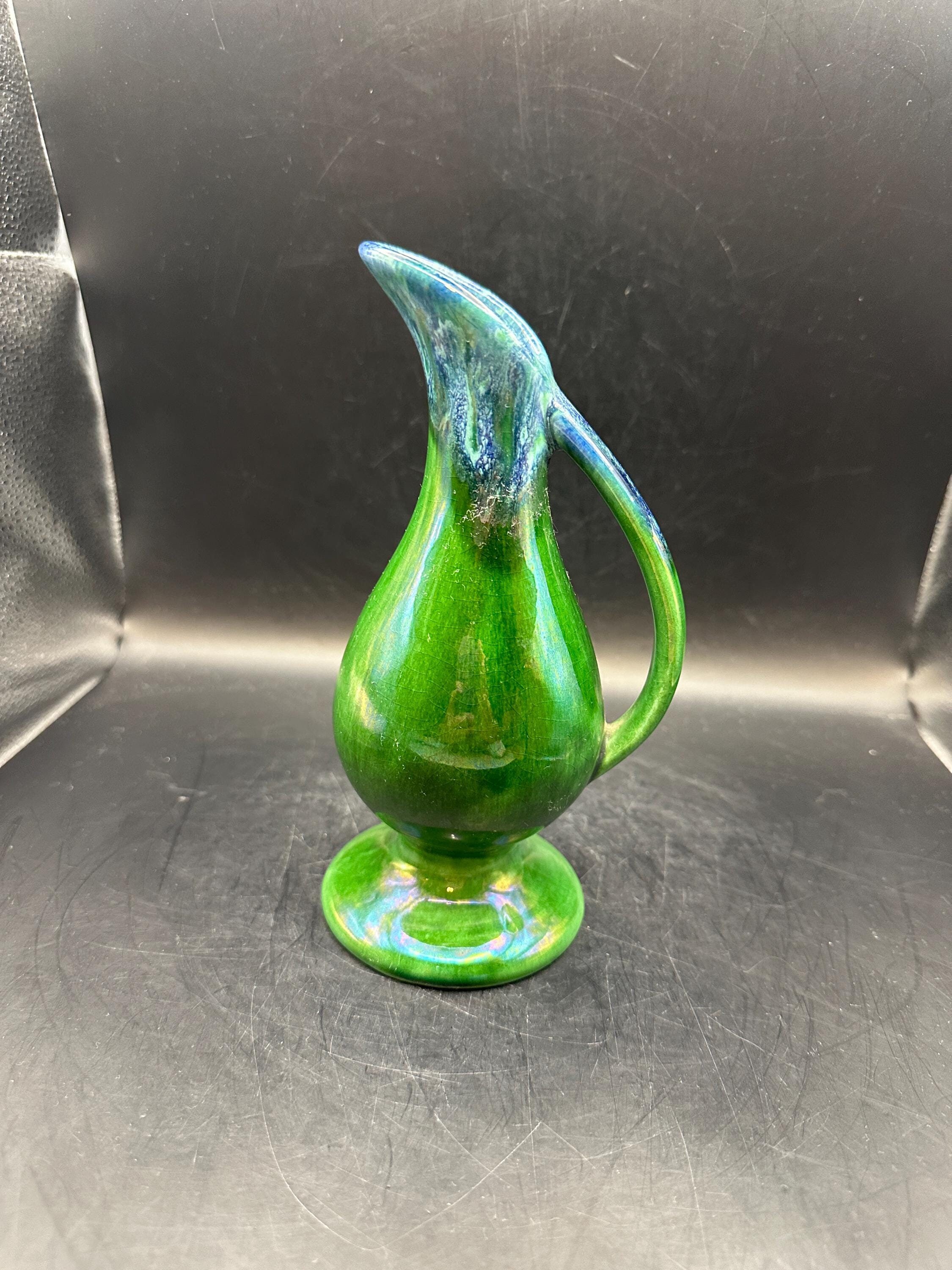 Vintage green and blue drip glaze ewer pitcher