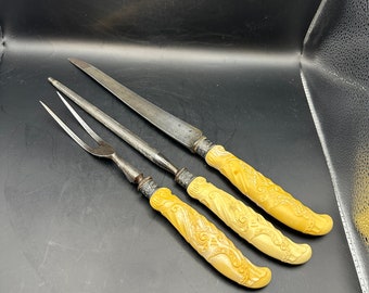 Vintage Celluloid Carving Set: 1950s Knife, Fork & Sharpener