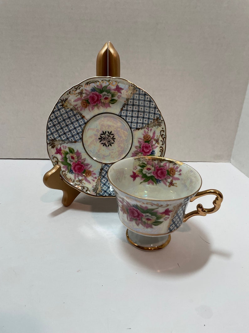 Royal Halsey Cup Saucer Blue White Pink Floral Very Fine China Etsy
