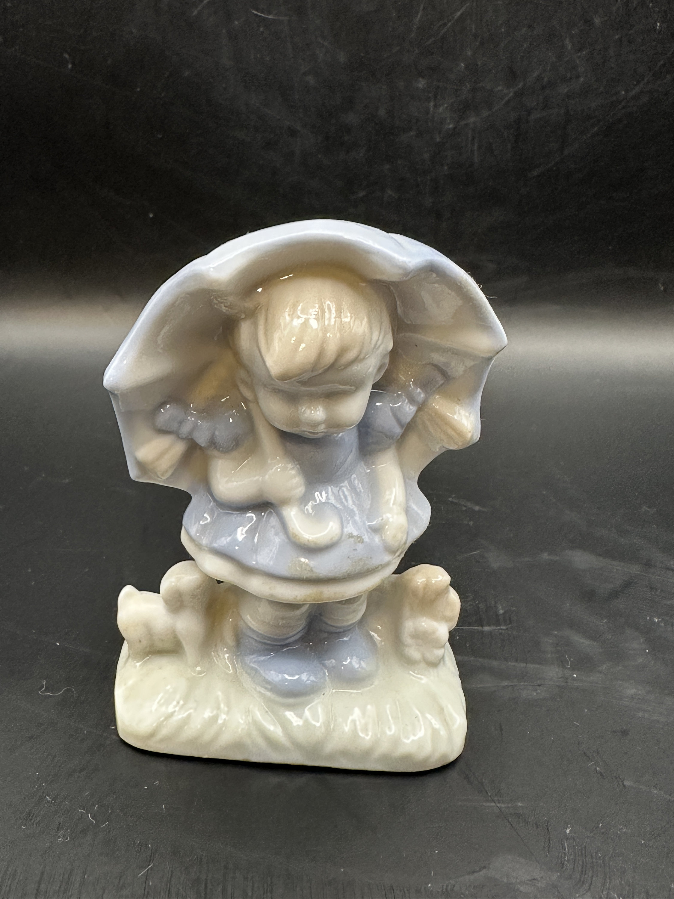 Boy and Girl Blue White Figurines With Umbrella Wales Japan