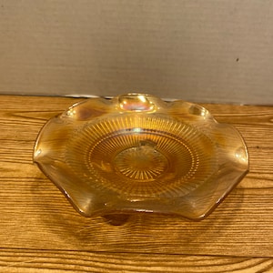 Amber Carnival Glass bowl marigold 3 footed