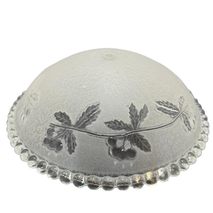 May include: Frosted glass lampshade with a semi-circular shape. The shade features a detailed design of cherries and leaves, with a beaded edge. The glass has a textured surface and a small hole at the top.
