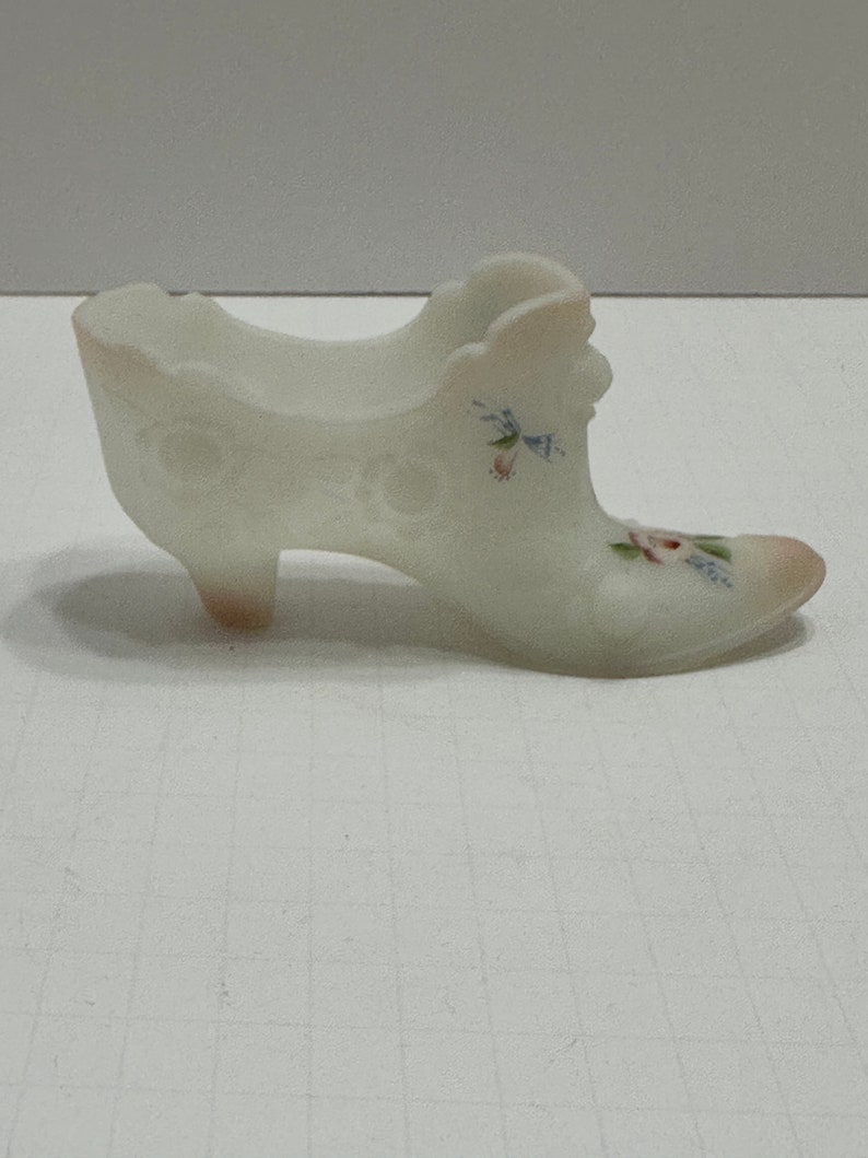 Fenton White Satin Shoe Toothpick Hand Painted Cabbage Rose Signed S ...