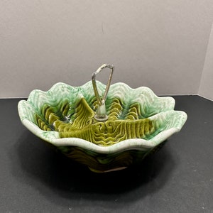 USA Pottery MCM  Green divided nub candy relish tidbit dish with center handle