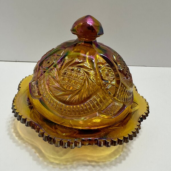 L E Smith amber carnival glass butter or cheese dish pattern number 310