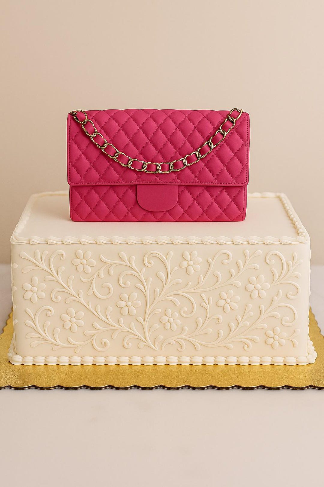Bright Pink Handbag Cake Decoration Topper With GOLD Chain