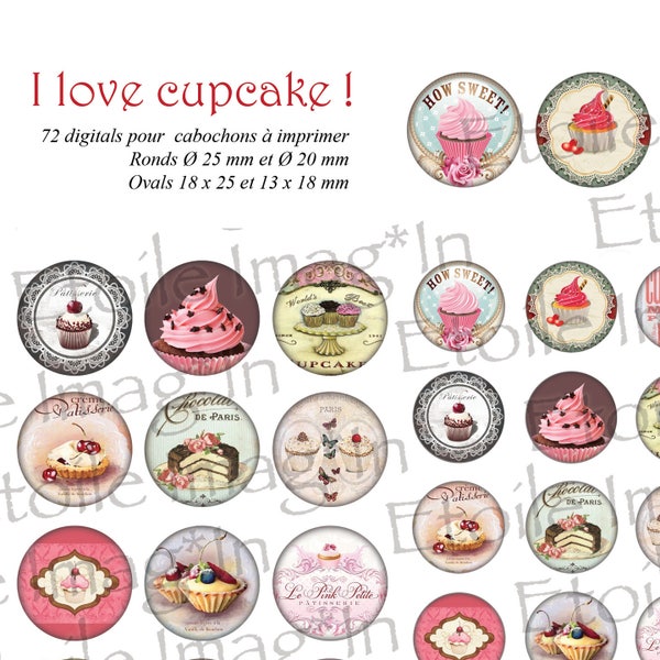 Planche 72 digitales * I Love Cupcake I * à imprimer pour cabochons