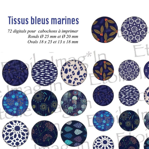 Planche 72 digitales * Tissus Bleus Marines * à imprimer pour cabochons