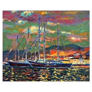 Impressionist original oil painting on canvas by Europe Ukraine artist A.Chebotaru 23,6x39,4 inch, Sea, Seafront, Seascape, Yachts at sunset