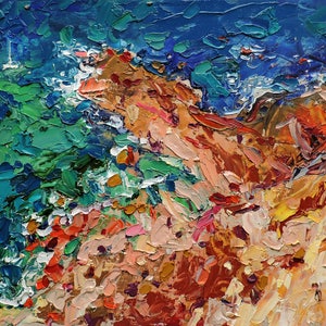 IMPRESSIONISTA PAISAGEM MARINHA Pintura a óleo original de A. Chebotaru, Paisagem montanhosa, Golfo da Biscaia, País Basco, Costa do oceano, obra de arte ao ar livre