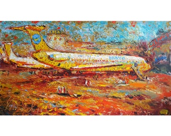 Impressionistisches Originalölgemälde auf Leinwand von A.Chebotaru aus der Ukraine, Flugzeug, Gemälde am Flughafen, Leinwand