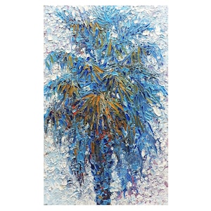 Pintura a óleo original impressionista do artista europeu ucraniano A. Chebotaru, Paisagem de palmeiras, Golfo da Biscaia. País Basco, obra de arte de parede de palmeiras