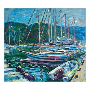 Impressionist Yacht Painting: Turkish Seascape Oil on Canvas
