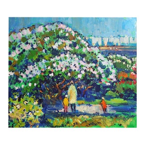 Original Ölgemälde auf Leinwand Frühlingslandschaft vom Ukraine Künstler A.Chebotaru, Spaziergang im Park, blühender Flieder, Botanischer Garten, 60cm x 70cm