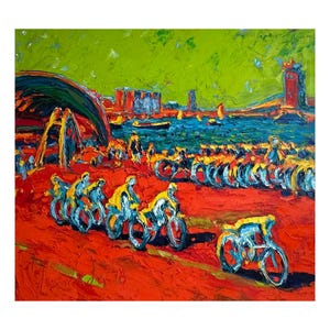 Amsterdam Cityscape Oil Painting: Impressionist Cyclists Art
