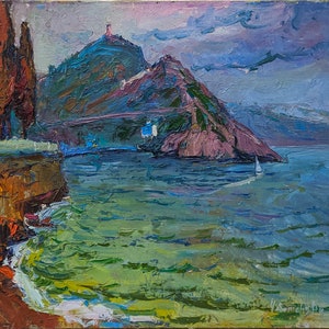 IMPRESSIONIST SEASCAPE PAINTING Original oil sea landscape on canvas by a Ukraine artist A.Chebotaru, 2010, Mountain landscape, Seashore art