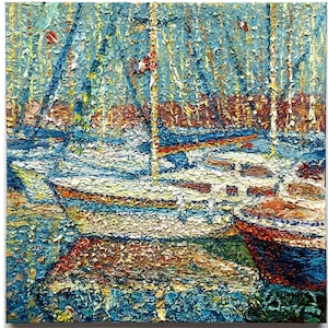Impressionist original oil painting on canvas by Europe Ukrainian artist A.Chebotaru, 19,7x19,7 inch, Sea, Seashore, Seascape, Yachts a pier
