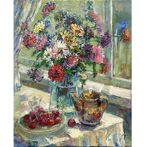 Original oil painting on canvas Summer still life by Ukrainian artist A.Chebotaru, 2022, Flower painting, Floral artwork, Flowers still life