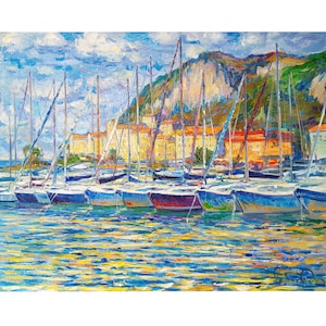 Impressionist original oil painting on canvas Sea painting by Europe Ukraine artist A.Chebotaru 23,6x39,4&quot; Cote d&#39;Azur, Nice, France, Yachts