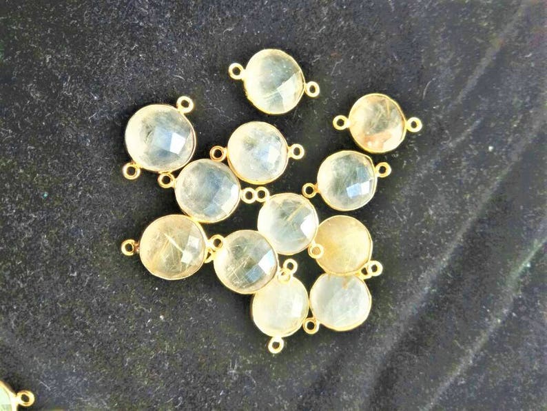 Rutile quartz charms connecctor ON SALE-Natural AAA 10pices Golden rutile quartz 12mm coin faceted brass gold plated charms connector