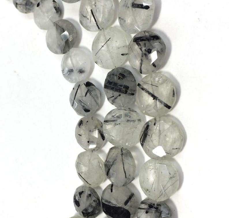 quartz stone 8-10mm black rutile faceted coin beads black rutilated quartz stone beads