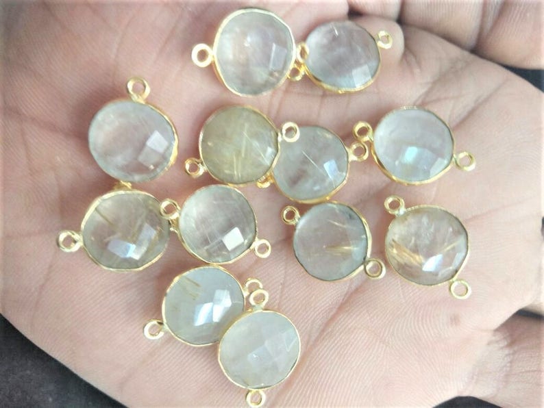 Rutile quartz charms connecctor ON SALE-Natural AAA 10pices Golden rutile quartz 12mm coin faceted brass gold plated charms connector