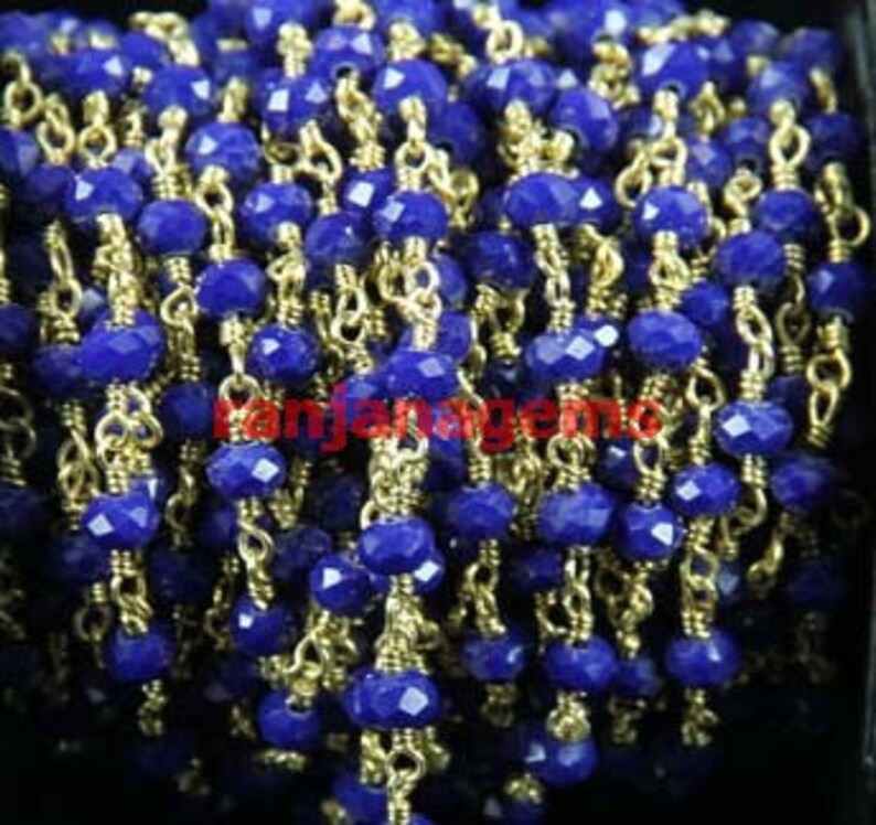 jade roundel wire wrapped rosary chain lapis lazuli blue jade faceted Round 94k gold plated Rosary Style Beaded Chain wire wrapped chain