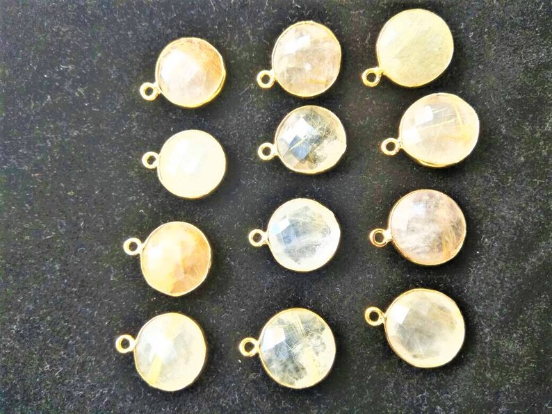 Rutile quartz charms connecctor ON SALE-Natural AAA 10pices Golden rutile quartz 12mm coin faceted brass gold plated charms connector